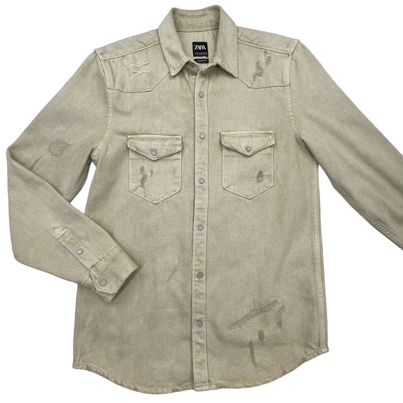 Zara Other - Zara Mens Beige Flap Pockets Relaxed Fit Long Sleeve Button Up Shirt Size Small